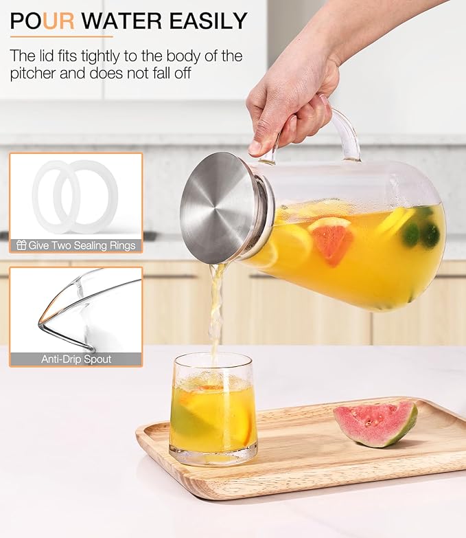 Glass Pitcher with Lid and Handle, 2 Liter 68oz Water Pitcher with Spout for Fridge, Borosilicate Glass Jug for Hot/Cold Drink, Large Ice Tea Carafe for Juice, Coffee, Sangria, Beverage