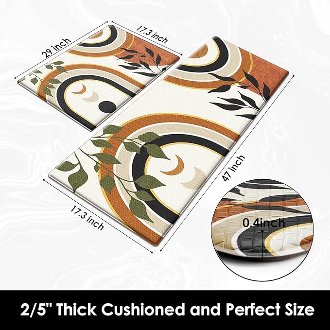 Kitchen Mats for Floor 2 PCS, Anti Fatigue Mat Set, Boho Cushioned Non Slip Waterproof Kitchen Rugs, Wipe Clean PVC Leather Runner for Sink, Laundry, Office, 17"x47"+17"x29", Orange