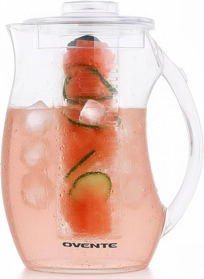 OVENTE Fruit Infusion Water Pitcher 2.5L/85Oz with Removable Lid and Infuser Rod, BPA-Free, Shatterproof Acrylic Beverage Jug for Flavor-Infused Drinks, Lemonade, Juice and Iced Tea, Clear PIA0852C