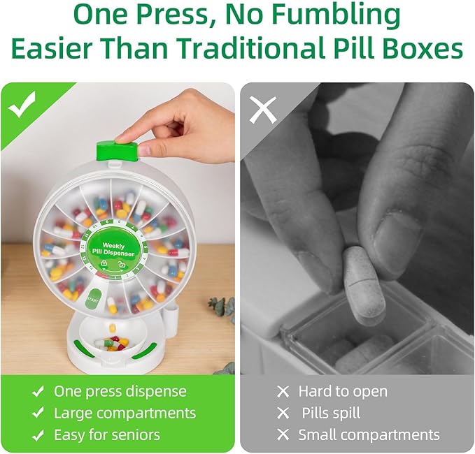 JULOS Daily Pill Organizer with One-Press Button for Elderly, Large 14 Compartment with Cup, Wall Mounted or Countertop Medicine Dispenser, Easy Pill Holder for Medicine, Vitamin or Supplements, Green
