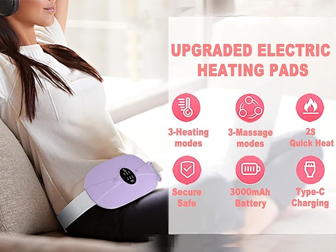 Portable Cordless Heating Pad, Heating Pad, Electric Waist Belt Device, 3-Speed Vibration &3-Speed Heat Levels, Portable Electric Fast Heating Belly Wrap Belt for Women and Girl (Light Purple)
