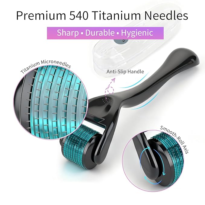 Derma Roller for Hair Growth & Beard – 540 Titanium Microneedle Roller for Face & Scalp – Skin Care Microneedling Kit with Sanitizer Box for Men & Women