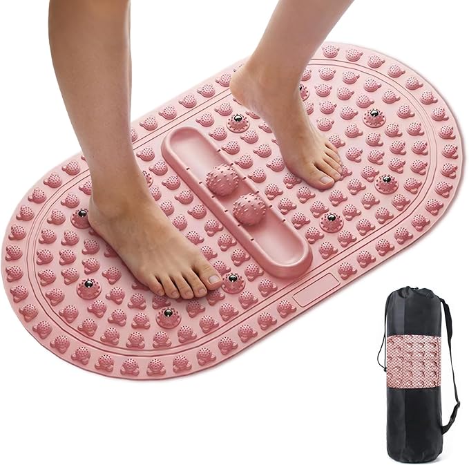 Extra-Large Acupressure Foot Massage Mat 27 Inches, Silicone Foot Pressure Point Pad with 2 Massage Balls, Foot Reflexology Mat for Stress Relief, Home & Gym Use (Pink)