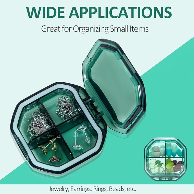 Daily Pill Organizer, 2 Pack 4 Compartments Small Pill Box Portable Pill Case, Travel Pill Organizer for Purse Pocket to Hold Vitamins, Cod Liver Oil, Supplements and Medication (Green+Green)