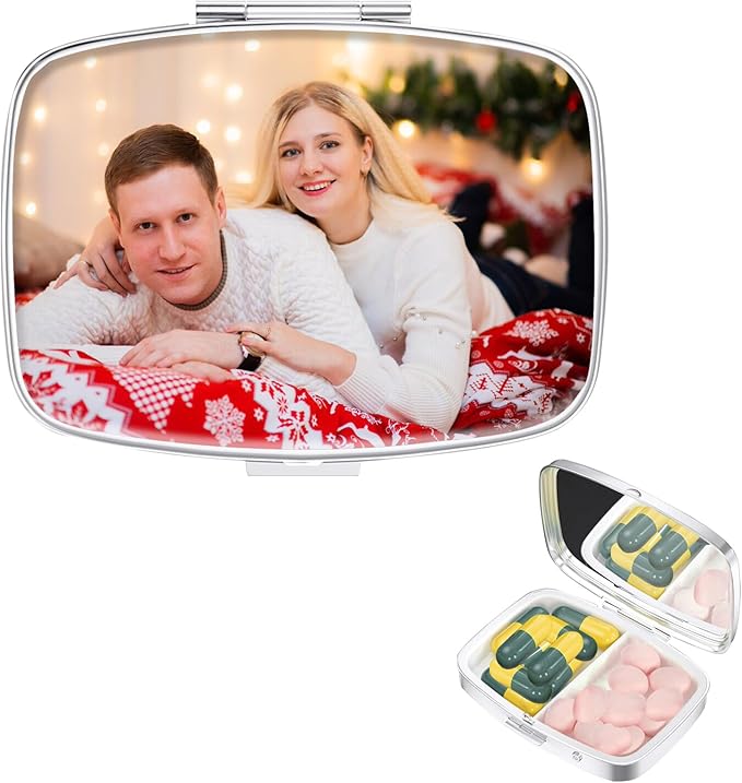 Custom Pill Box with Picture Portable Pill Box for Purse or Pocket Mini Metal Pill Case Travel Pill Container Gifts to Hold Vitamins Medication Fish Oil and Supplements