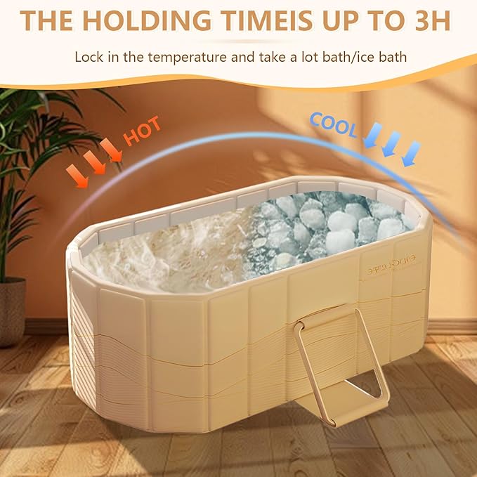 Gets 59" XXL Oval Ice Bath Tub For Athletes,Portable Bathtub for Adults Foldable Soaking Standing Hot Bath Tub for Shower Stall,Separate Family Bathroom SPA (Golden,59"×22"×19")