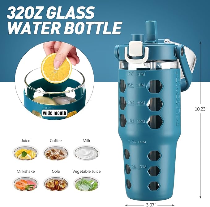 MUKOKO 32 oz Glass Tumbler with Straw,Glass Water Bottles with Time Marker,Iced Coffee Cup with Silicone Sleeve,Motivational Drinking Bottles,Leakproof-Steel Blue