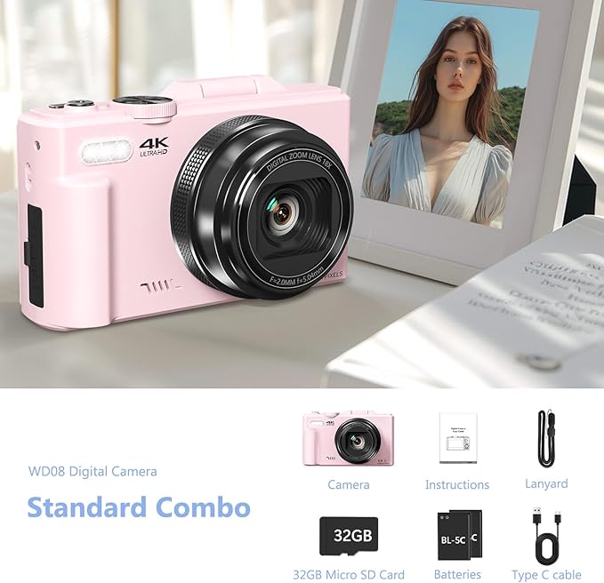 4K Digital Camera for Photography, 64MP Vlogging Camera for YouTube with 3" 180° Flip Screen, 18X Digital Zoom Point and Shoot Camara with 32GB Micro SD Card for Beginner (LP)