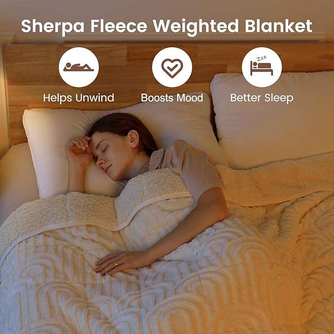 Sherpa Fleece Adult Weighted Blanket Great for Sleep, 20 lbs Dual Sided Soft Fuzzy Heavy Blankets for Couch Bed Sofa, Cozy Warm Arched Jacquard Throw for Winter (Cream White, 60" x 80", 20 Pounds)