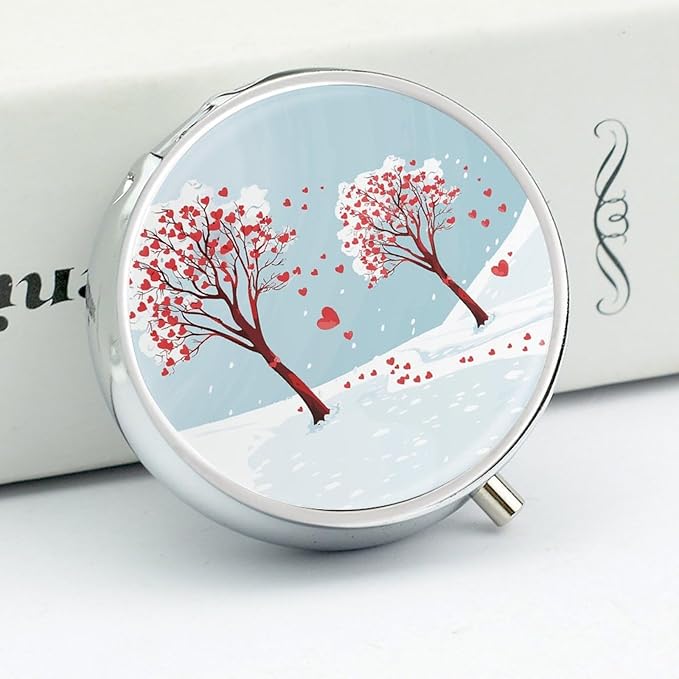 Heart Shaped Leaf Tree Pill Box Travel Pill Case for Purse Pocket Weekly Medicine Organizer with Mirror 3 Compartment Round Medicine Case Portable PillcaseHolder for Daily