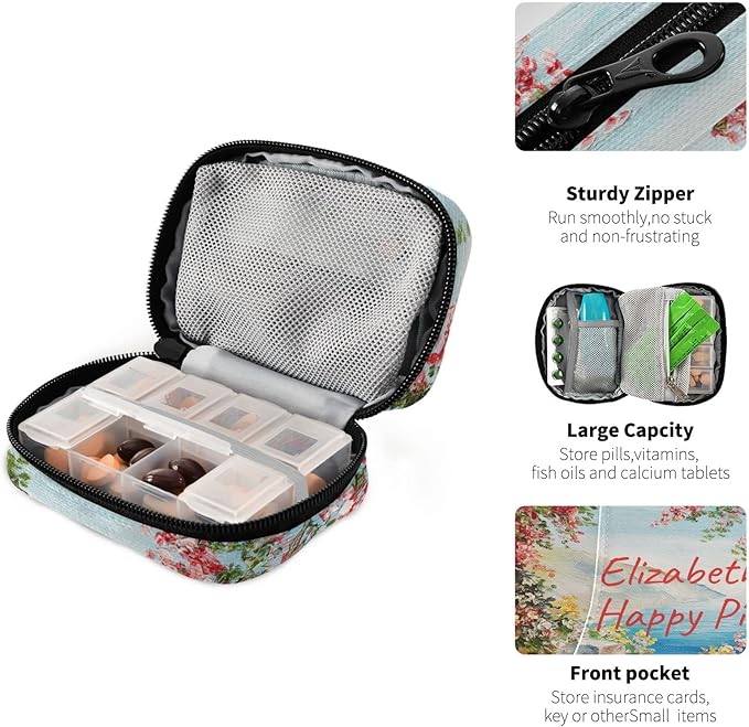 Custom Pill Box 7 Day Pill Case Bag Oil Painting Sea Flowers Personalized Name Travel Pill Organizer Bag with Zipper Portable Weekly Case Compact Size for Vitamin Supplement Holder