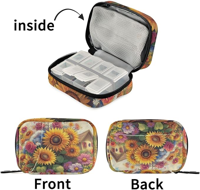 Travel Pill Case Colorful Spring Sunflower and Rose Weekly Small Pill Box 7 Day Pill Box Pill Organizer Bag