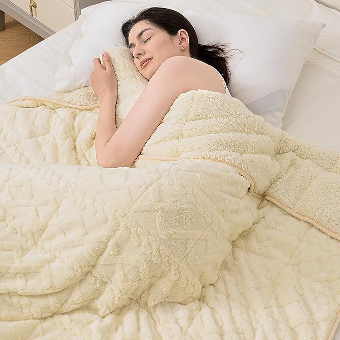 Topblan Weighted Blanket for Adults, 60" x 80" 15lbs, Soft Sherpa Queen Size Heavy Blanket with 3D Jacquard Flannel Fleece Weighted Blankets for Couch and Bed