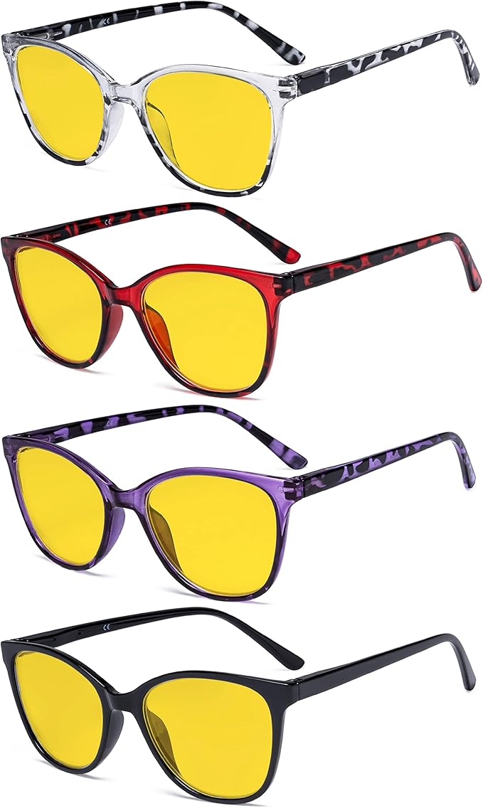 Eyekepper 4 Pack Oversized Blue Light Filter Glasses - Cat Eye Design Computer Reading Glasses for Women Anti Screen Glare Blocking Digital Blue Rays Amber Tinted +0.75