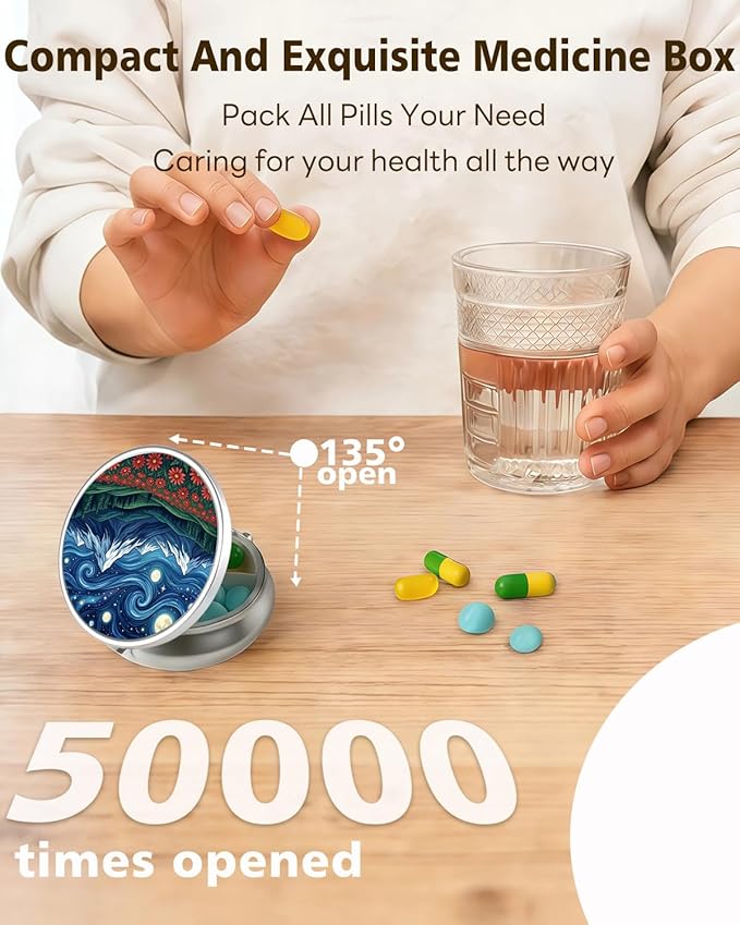 LRITER Pill Case, Portable Travel Pill Box, Pillbox Organizer, Cute Small Medicine Storage Container, Purse Accessories for Women, Men (Starry Sky)
