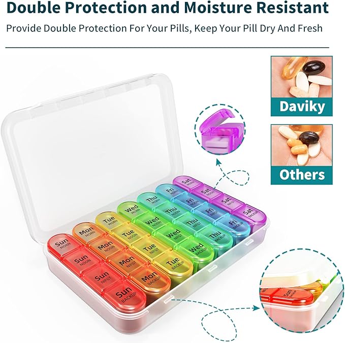 Daviky Weekly Pill Organizer 4 Times a Day, Pill Box 7 Day, Medicine Organizer Portable for Travel with Removable Individual Pill Case Pill Container to Hold Daily Vitamin, Supplement and Medication