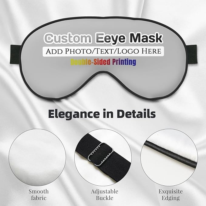 Custom Eye Mask for Sleeping Personalized Your Photo Text Logo Adjustable Strap Sleep Mask Customized Soft Blindfold Eyemask Blackout Eye Cover for Men Women Home Travel Offices Grey