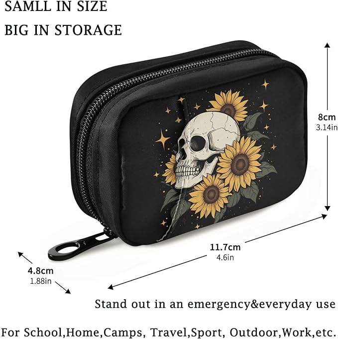 Fustylead Shining Human Skull and Sunflower Design Pill Organizer for Purse, Weekly Portable Pill Box with Zipper to Storage Vitamins Fish Oils Medications Supplements