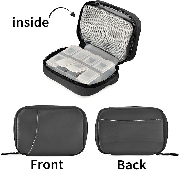 Kigai Black Solid Color Pill Case, Portable Weekly Daily Pill Case Bag Organizer with Zipper for Vitamins Medicine Supplements Travel Family Business