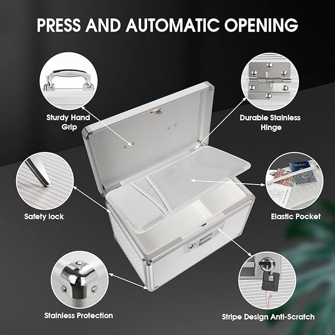 Medicine Lock Box with Key, Alluminum Alloy Box for Medication,First Aid Box with a Removeable Tray to Store Medicines & Pills for Home, Silver, 16 * 9.25 * 7.48 Inch