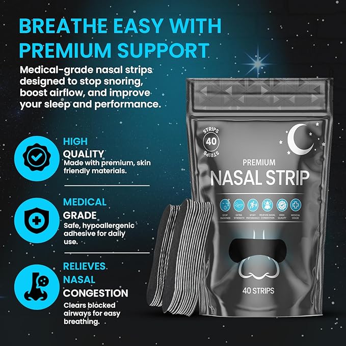 Nose Strips for Breathing (40 Count) - Oil & Sweat Proof Adhesive - Nasal Strips for Snoring - Intake Breathing & Athletic Performance - Extra Strength - Day and Night use.