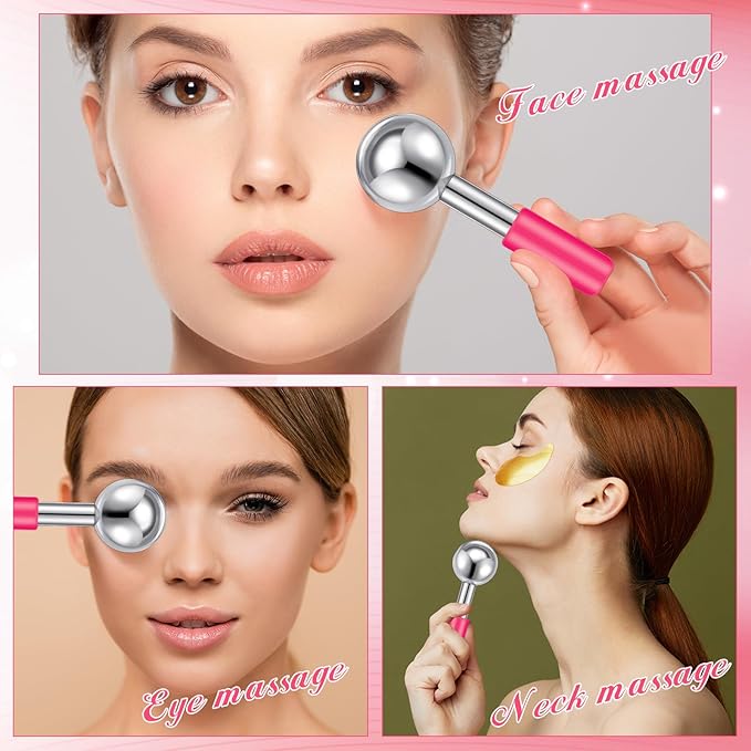 Baderke 2 Pcs Ice Globes for Face Stainless Steel Cooling Globes Unbreakable Cooling Roller Women Ice Balls Cryo Sticks Facials Skin Care for Dark Circles, Puffiness(Silver (Pink Handle))