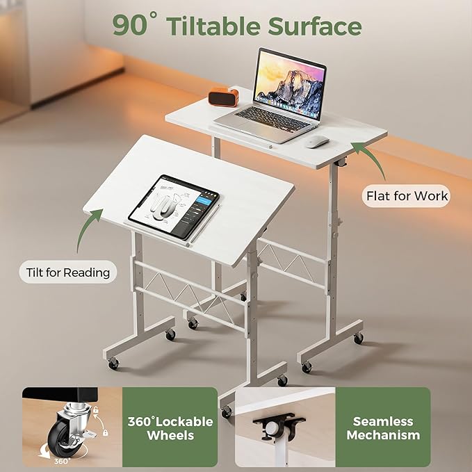 GTPLAYER Small Standing Desk Adjustable Height, 30.7"-46.4" Portable Computer Table Mobile Desk Workstation Stand Up Desk with Wheels Compact Rolling Table for Home Work Treadmill Walking Pad White
