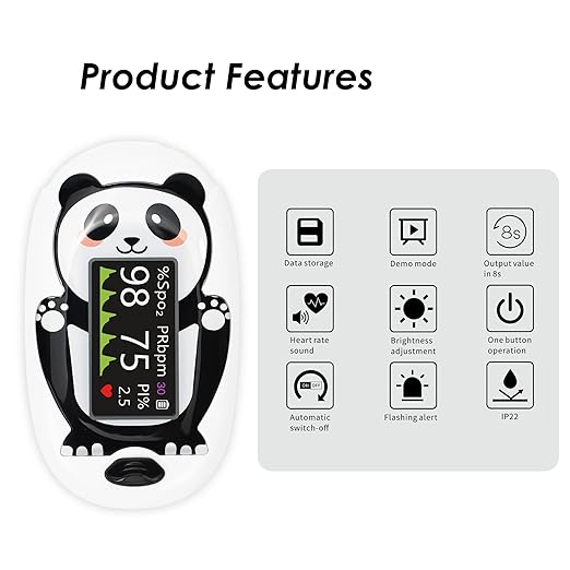Panda Pediatric Pulse Oximeter for Kids (2+), Children Oxygen Monitor Fingertip with 20 × Memory, Blood Oxygen Saturation Monitor with Alarm, Batteries and Lanyard