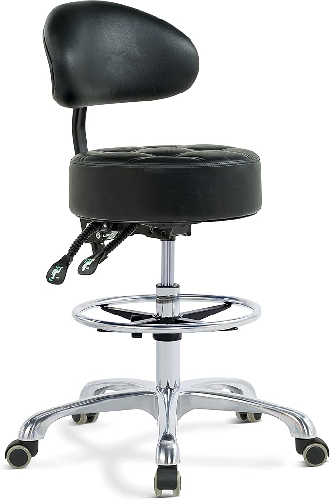 Grace & Grace Height Adjustable Rolling Swivel Tall Stool Chair with Back Support,Heavy Duty Stool with Wheels for Salon,Massage, Factory, Shop,Work (Black,with Back Support)