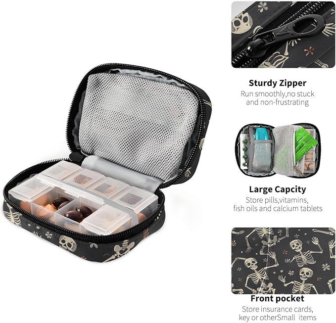 Weekly Pill Organizer Funny Skeletons Black Small Pill Box Bag Portable Travel Pill Case 7 Days Vitamin Supplement Holder with Zipper for Family Business Camping