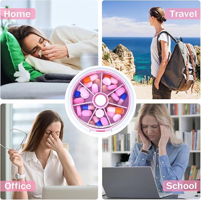7 Grids Travel Pill Organizer Box 84-Pcs Medicine Name Labels Weekly 7-Day Pill Case Portable Medication Dispenser for Vitamins, Fish Oil & Supplements