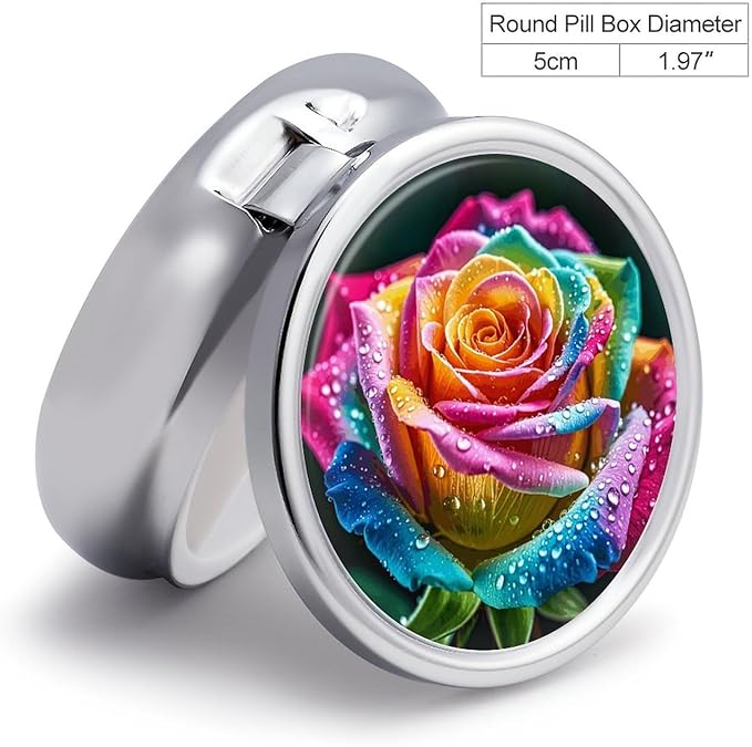 Colorful Rose with Water Pill Box Travel Pill Case for Purse Pocket Weekly Medicine Organizer with Mirror 3 Compartment Round Medicine Case Portable PillcaseHolder for Daily