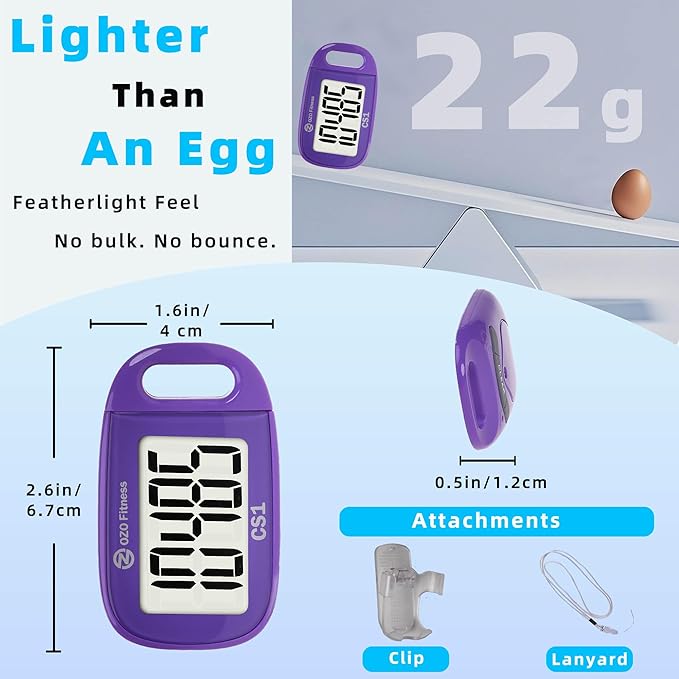 OZO Fitness Clip-on 3D Pedometer for Walking Steps Counter with Lanyard, Simple Exercise Tracker for Women and Seniors with Large Accurate Digital Display, Portable Minimalist Sports Monitor
