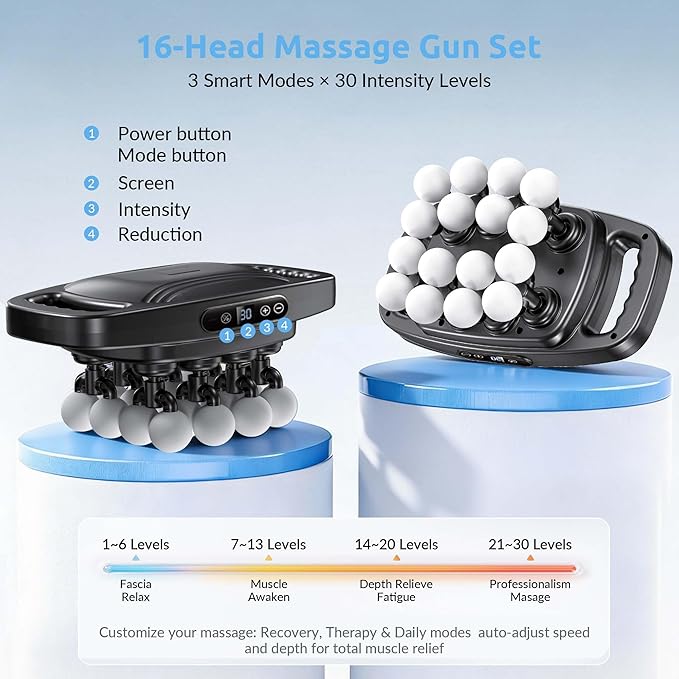 16-Head Professional Massage Gun, Deep Tissue Percussion Massager with 3 Modes & 30 Levels, Quiet Powerful Motor for Muscle Recovery, Pain Relief Device for Back, Neck, Shoulders