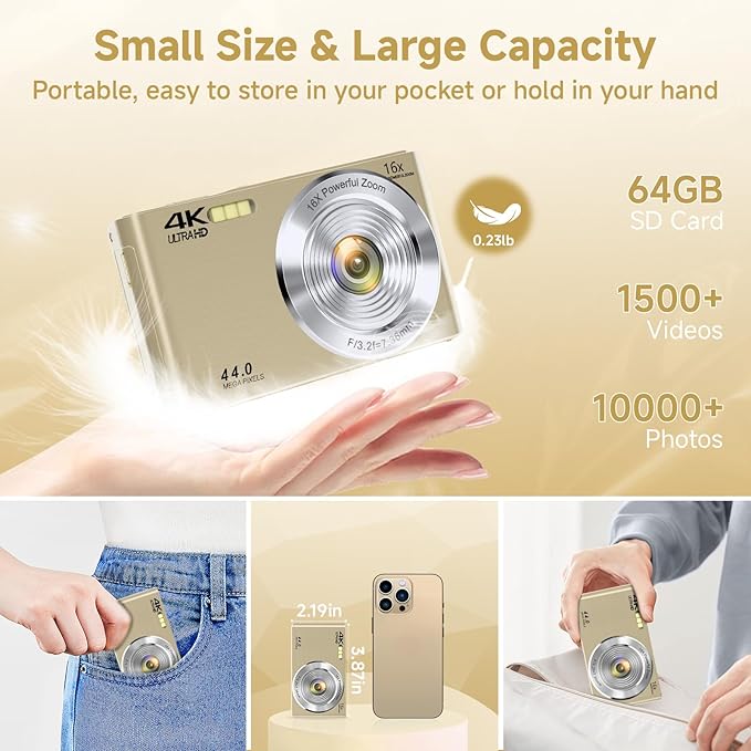 Digital Camera, 2026 FHD 4K Autofocus Digital Camera with 64GB SD Card 16X Digital Zoom, Gold Cameras for Photography Portable Compact Point and Shoot Camera for Teens Adult Kids Gift