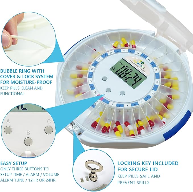 EziMedPil Bluetooth Pill Dispenser w/Sound & Light Alerts, up to 9 Alarms/Daily, Key Lock, LCD & Easy Setup on SmartLife App, 28-Day Medication Dispenser for Prescriptions, Vitamins & More, Clear Lid