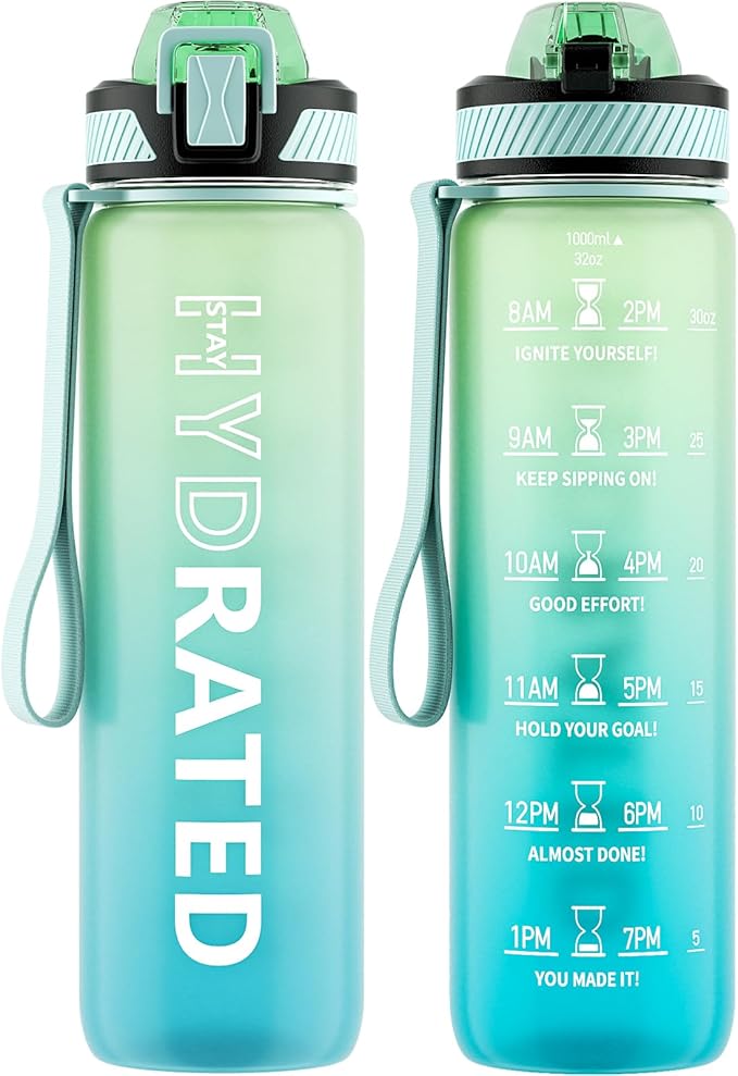 Water Bottle with Straw, 32oz Motivational Water Bottles with Time Marker to Drink, Tritan BPA Free, 1L Sports Water Bottle with Carry Strap LeakProof for Women Gym Fitness Outdoor (1 Pack)