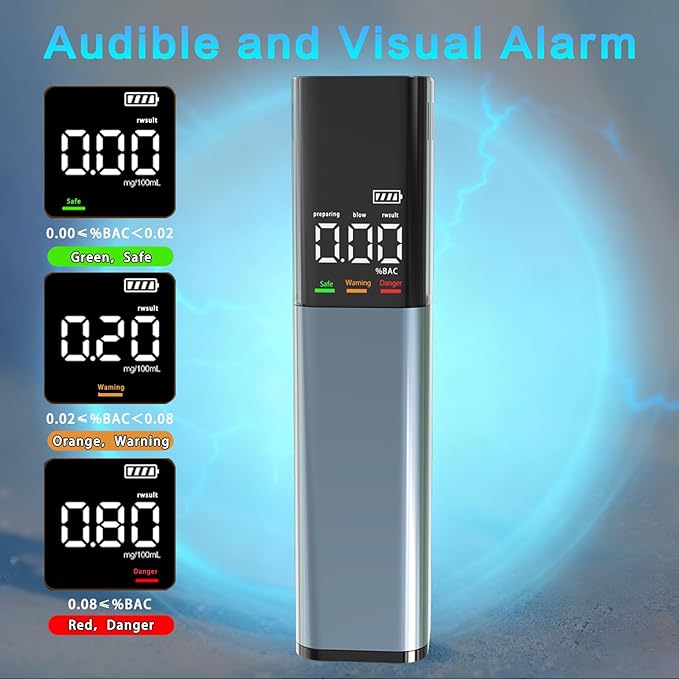 Portable Breathalyzer, BAC Tester with Digital Display, Audible and Visual Alarm, Type-C Charging Non-Contact Personal Breathalyzers for Home & Travel Use