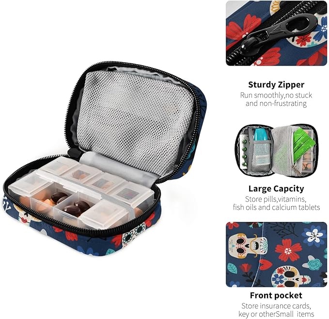Travel Pill Organizer Weekly Small Pill Box 7 Day Pill Case Vitamin Holder Pill Bottle Organizer Cute Skull