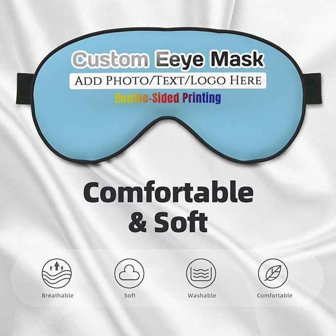 Custom Eye Mask for Sleeping Personalized Your Photo Text Logo Adjustable Strap Sleep Mask Customized Soft Blindfold Eyemask Blackout Eye Cover for Men Women Home Travel Offices Sky Blue