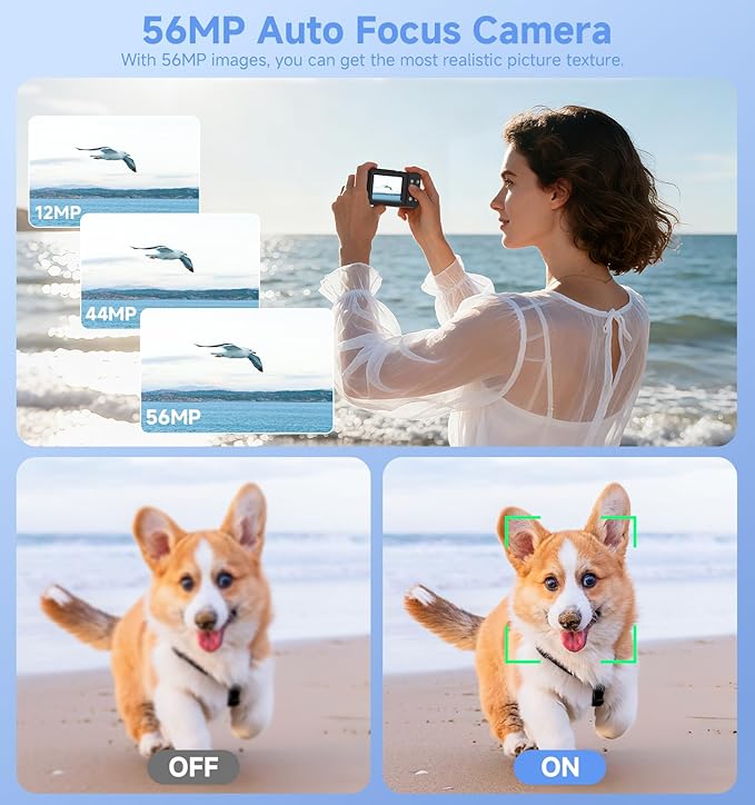 Digital Camera,56MP Dual-Screen Point and Shoot Camera with Auto Focus,Smile Capture,Anti-Shake,16X Zoom,32GB SD Card Travel Camera Gift for Boys Girls Teens