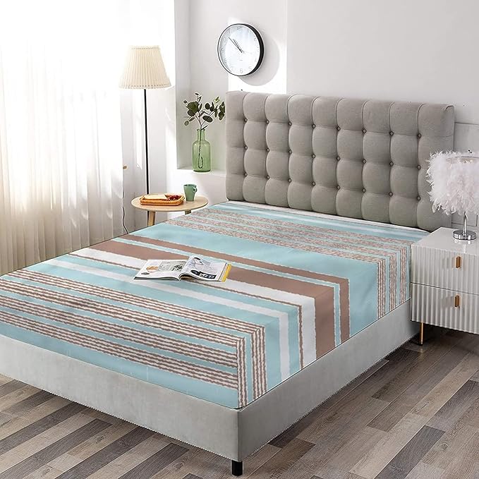 Decorative Fitted Sheet Set Cal-King Size, Aqua Deep Pockets Fitted Sheet & 2 Pillow Sham Set(No Flat Sheet), Horizontal Stripes Lines Printed Microfiber Bedding 3pc Set, for Women & Men Bedding