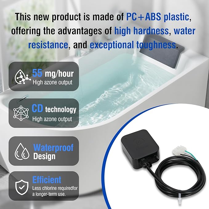 Upgrade HCD-55 Spa Ozonator Kit Suitable for All Hot Tubs & Swim Spas, Spa Ozone Generator Up to 1500 Gallons, Integrated Structure Design Reduces the Volume By 50%, Universal: 110V, AMP-4 Plug