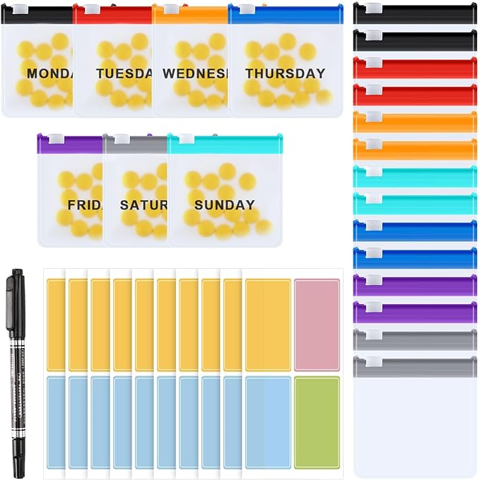 MARFOREVER 25 Pcs Pill Pouch Weekly Reusable Translucent Pill Bags Travel Medicine Organizer Small Pill Container Storage with Slide Lock 14 Pcs Plastic Medicine Bags 10 Sheets Labels and A Marker