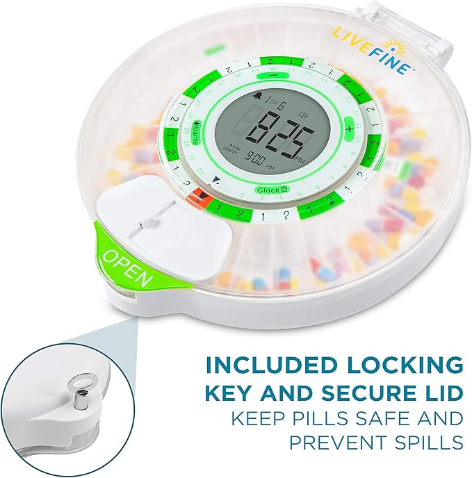 Live Fine 28-Day Automatic Pill Dispenser with Upgraded LCD Display, Key Lock, Sound & Light for Prescriptions, Medication, Vitamins, Supplements & More