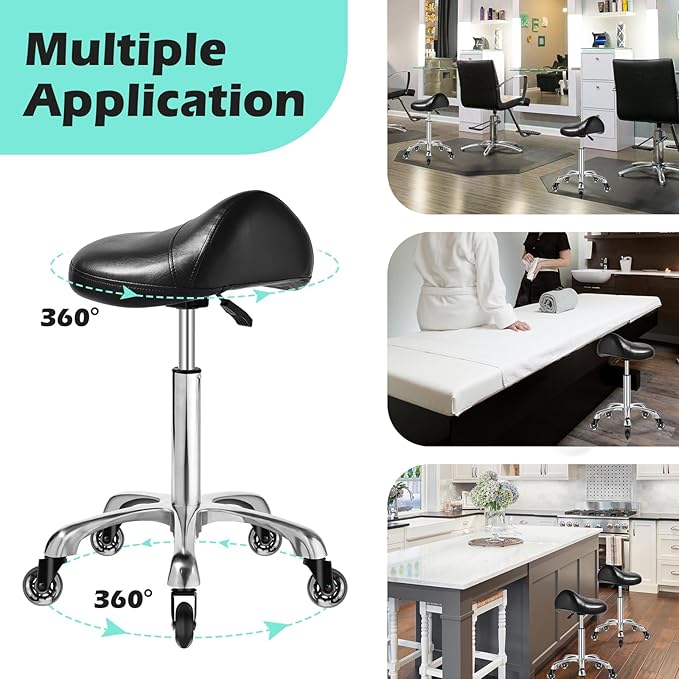 Saddle Stool Chair with Wheels, Ergonomic Thicker Saddle Seat Design for Healthy Sitting Posture, PU Leather, Rolling Saddle Stool with Silent Rubber Wheels Adjustable for Salon Massage Home, Black