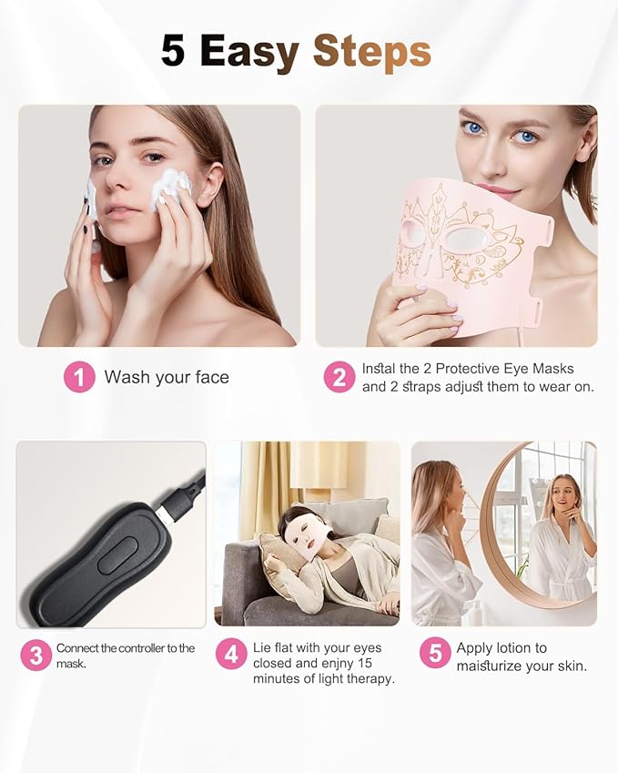 Red Light Therapy Mask for Face,3 Modes Led Contour Face Mask,Near-Infrared 850 Led Light Mask(NIR),Portable,Rechargeable and Remote, Pink