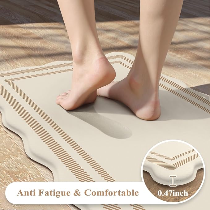 KIMODE Anti Fatigue Kitchen Mats, Beige Boho Kitchen Rugs, Padded Kitchen Mat for Floor, Comfort Standing Desk Mat, Cushioned Kitchen Mats for Floor 2 Piece for Laundry Office Sink 17"x59"+17"x29"