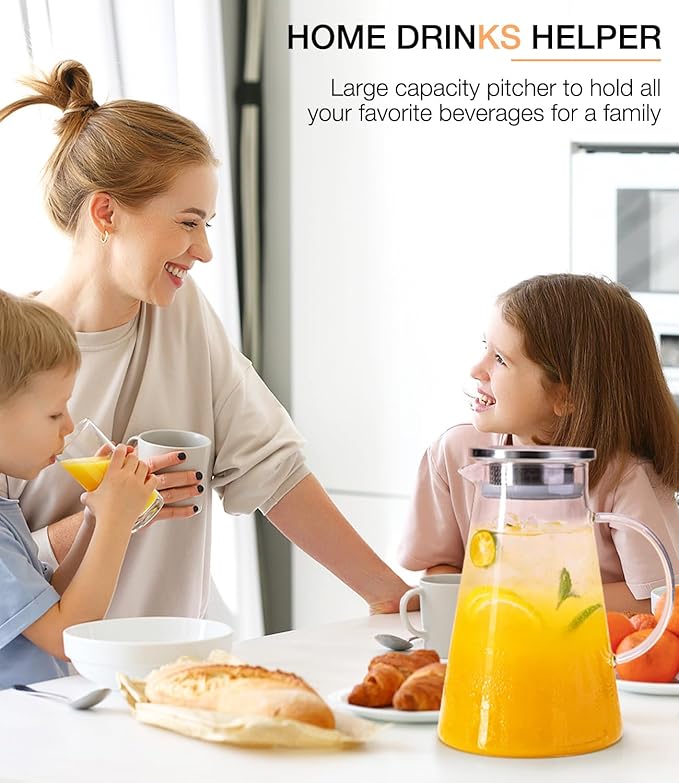LUNA&MANTHA Glass Pitcher, 2 Liter 68oz Water Pitcher with lid and Handle, Large Ice Tea Jug for Fridge, Borosilicate Glass Carafe for Hot/Cold Drink, Juice, Coffee, Milk, Beverage