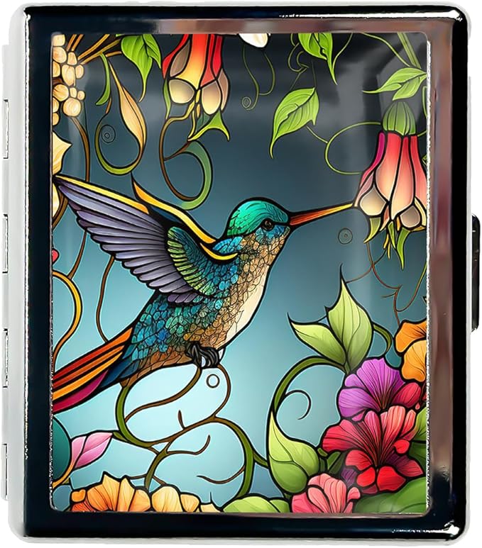 Travel Pill Organizer Small Pill Case for Purse Essentials 7 Days Cute Pill Box with Mirror Portable Pill Box for Pocket or Purse Pill Containe Travel Gifts (Stained Glass Hummingbird)
